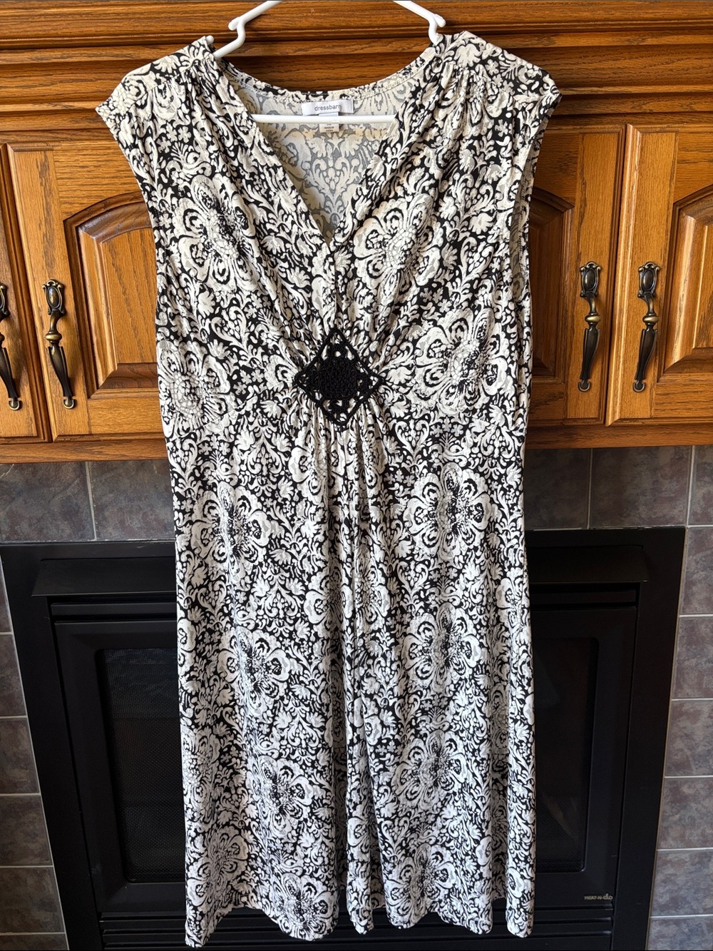 dressbarn Black and White Patterned V‑Neck Midi Dress